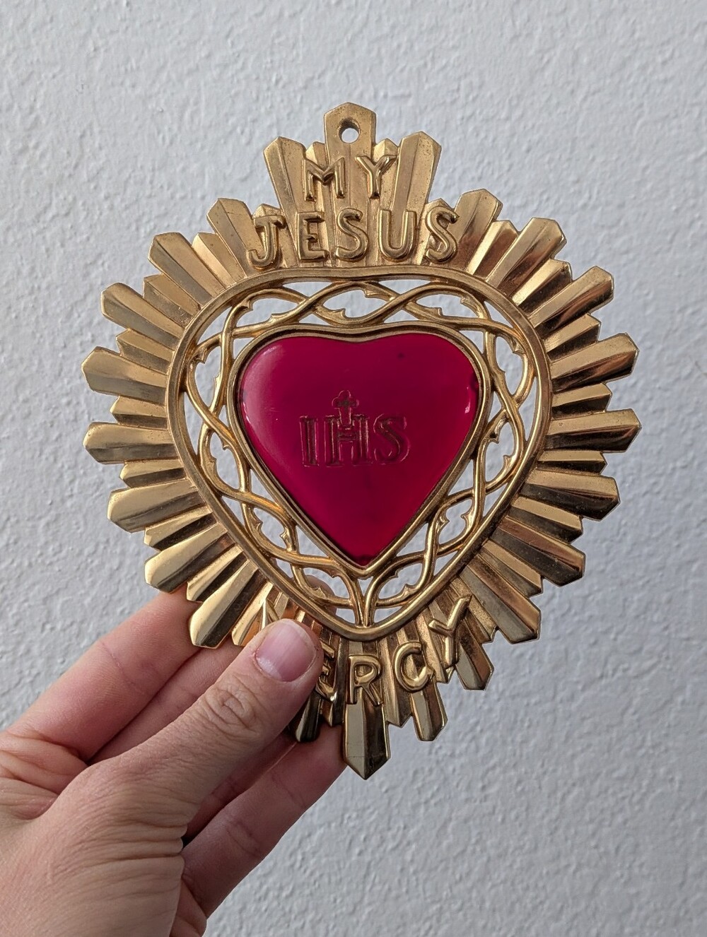 Vintage 1950's Brass Ex Voto My Jesus IHS Mercy Plaque Red Heart Wall Hanging